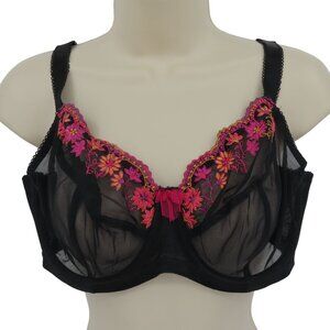 Goddess 34G Bra 32421 Black Embroidered Pink Orange Flower Floral Bow Underwire